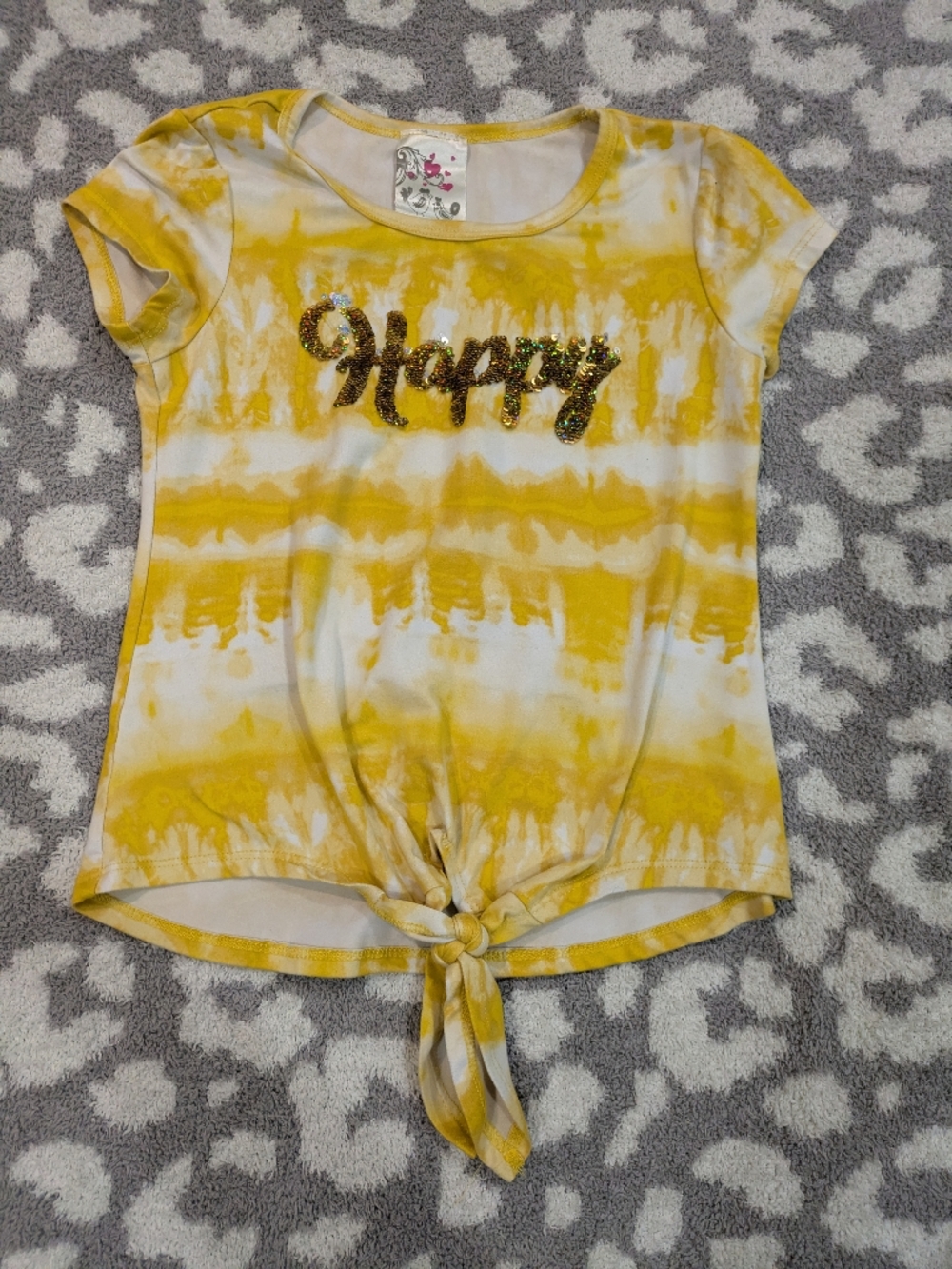 🦋5/25$ Girls Yellow Tie-Dye 'Happy' Front-Tie Short-Sleeve Tee